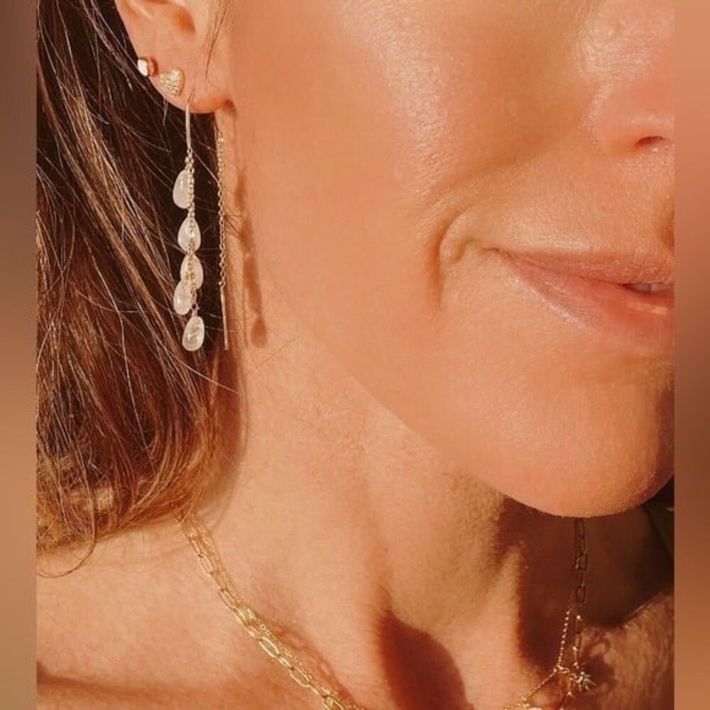 Moonstone Threader Earrings Gemstone Dangle Gold Non-tarnish Earrings Gorgeous - Picture 6 of 13